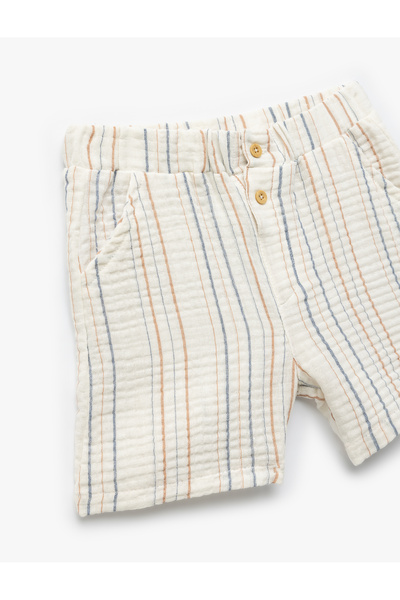 Koton Cotton Button Detailed Striped Muslin Shorts