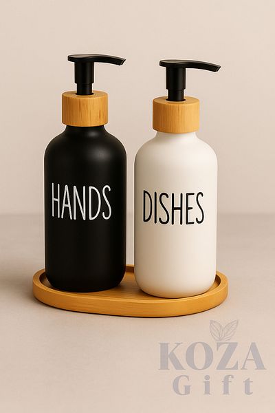 keyfisepet en keyifli sepet Set of 2 Porcelain Soap Dishes Black White 500 ml with Wooden Stand Pump
