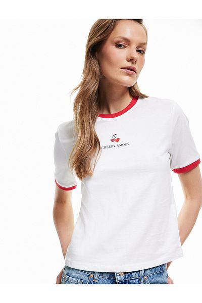 Koton Tricou din bumbac cu mânecă scurtă, cu decolteu, cu imprimeu cireșe
