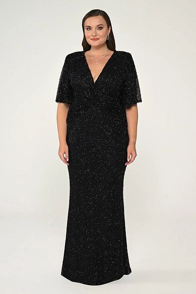 ALFABETA Alpha Beta Women's V Neck Short Sleeve Beaded Fabric Long Evening Dress