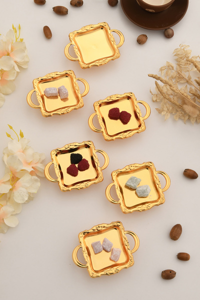 LUMINZO Alloli 6-Piece Sugar Bowl Turkish Delight Bowl Gold Footed Square Presentation Plate Tableware Catering Guest Service