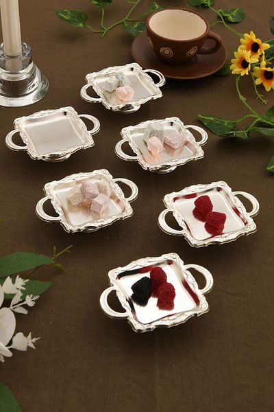 AKSESUAR EVRENİ Mini Handled Square Model Footed Turkish Delight Bowl Set of 6 Silver
