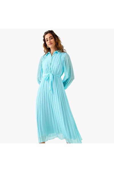 FAV Pleated Midi Dress with Collar and Tie-Up Belt