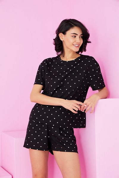 Siyah İnci Black Heart Foil Printed Knitted Shorts Set7847