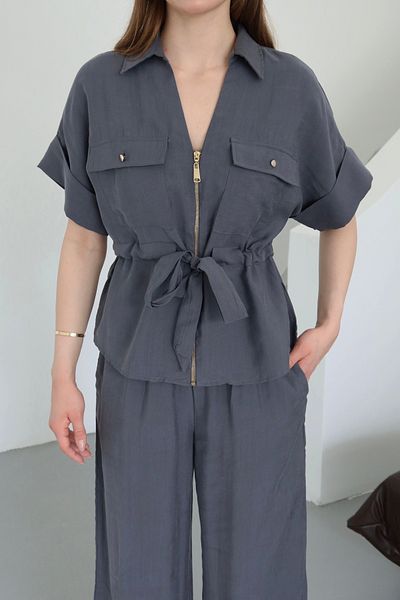 Laluvia Anthracite Front Zippered Belted Suit - 7222