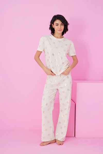 Siyah İnci Ecru Star Foil Printed Knitted Pajama Suit7845
