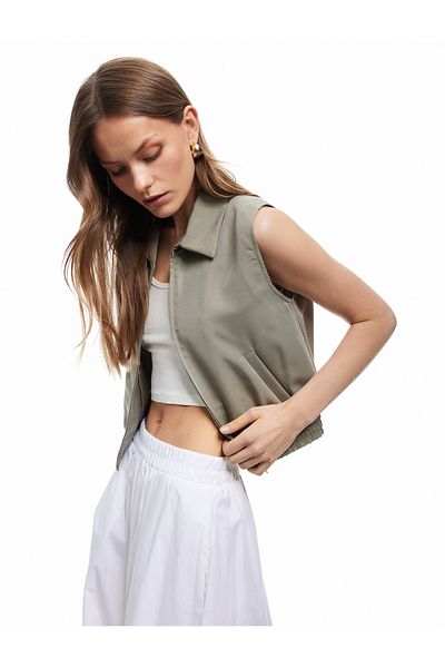 Koton Modal Fabric Shirt Collar Sleeveless Pocket Zippered Bomber Vest