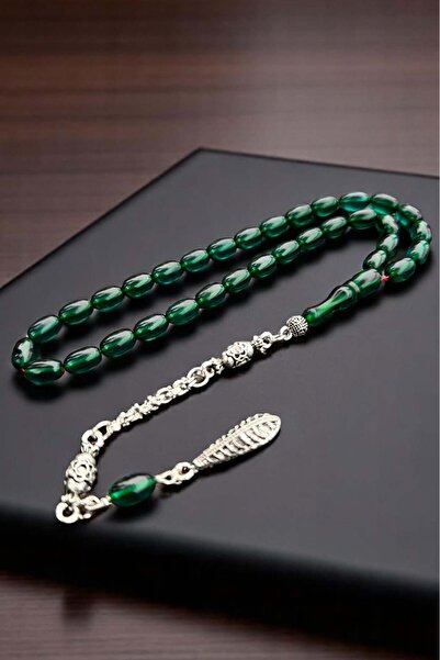 Atolyezone Sertifikalı Usta Işçilikli Sıkma Gümüş Kaplama Zümrüt Yeşili Ateş Kehribar Tesbih