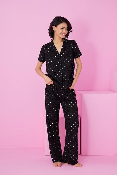 Siyah İnci Black Heart Foil Printed Knitted Buttoned Pajama Suit7846