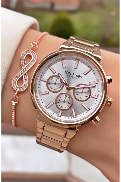 Tom Jones ساعة يد نسائية مقاومة للماء باللون الذهبي مع سوار هدية