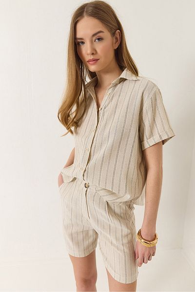 Bianco Lucci Women's Linen Striped Shorts Shirt Set 60284042