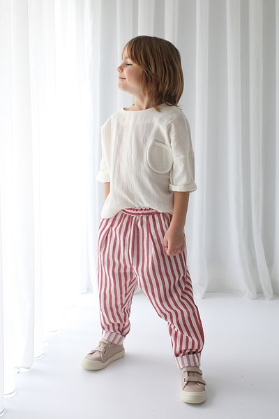 Catz Kids Red and White Striped Linen Carrot Pants + White Muslin Pocket Detailed Shirt