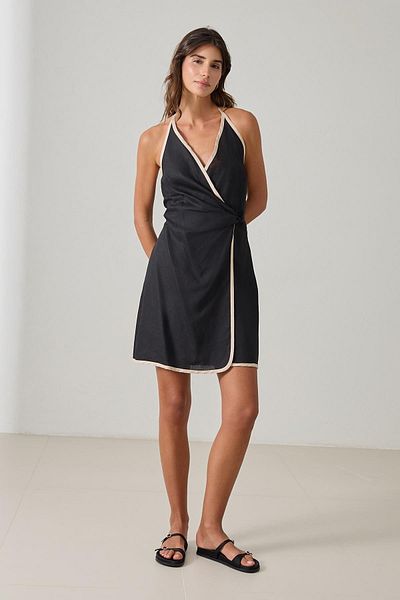 Setre Black 100% Linen Asymmetrical Stripe Detailed Mini Dress