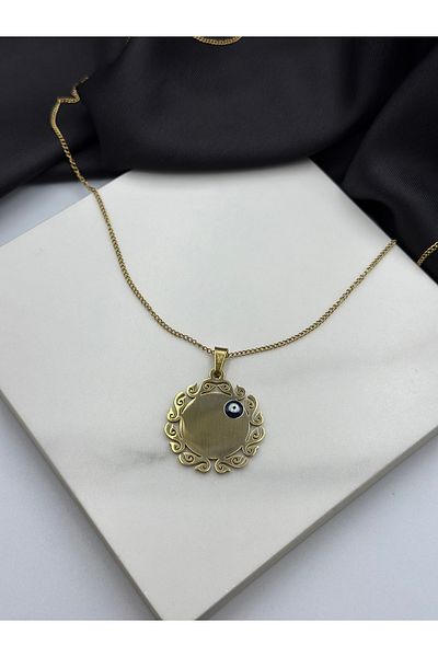 Duéra Gold Gold Color Evil Eye Beaded Lettering Writable Plate Design Steel Necklace Model 2