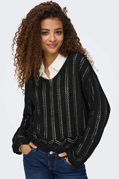 ONLY Only Women's Regular Fit V-Neck Black Knitted Sweater - 15339529