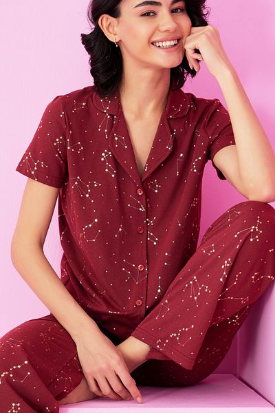 Siyah İnci Burgundy Star Varak Printed Knitted Buttoned Pajama Suit7846