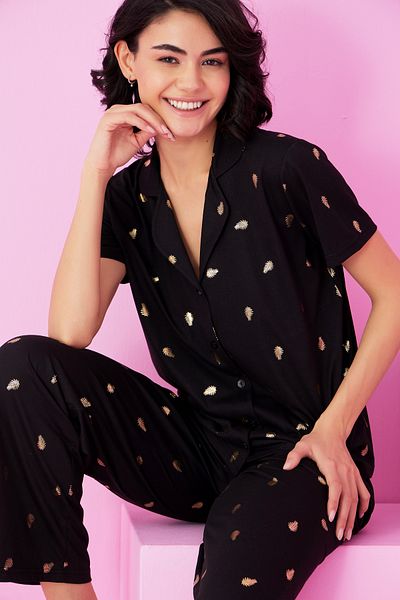 Siyah İnci Black Leaf Foil Printed Knitted Buttoned Pajama Suit7846