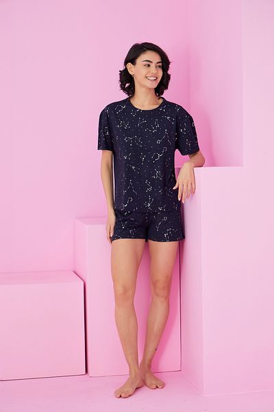 Siyah İnci Navy Blue Little Star Varak Printed Knitted Shorts Set7847