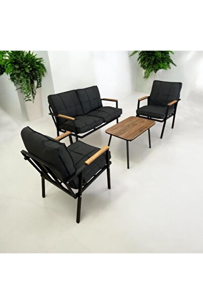 Dekoroom's Metal Bahçe Mobilyası Zen 2-1-1 Pofuduk Minderli Orta Gri