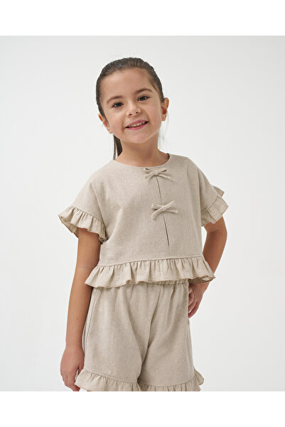 Minipodyum Kız Çocuk Fiyonk Detaylı Şortlu Keten Yazlık İkili Takım