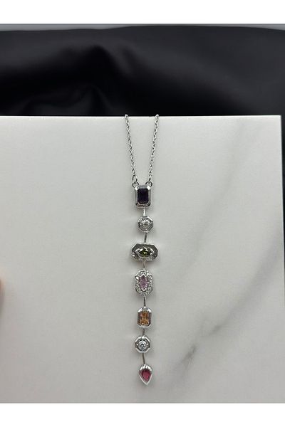 Lumiera Silver Colorful Zircon Stone Melis Göral Design Y Necklace Stylish Steel Necklace