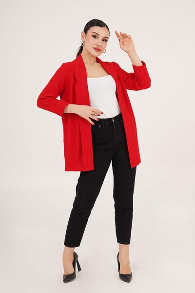 Hipo Trend Red Summer Blazer Jacket with Sleeve Fold Stitching Detail
