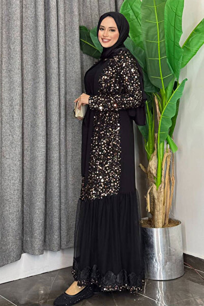 Bym Fashion Λεπτομέρεια κέντημα τούλι με παγιέτα Abaya 7376 Χρυσό