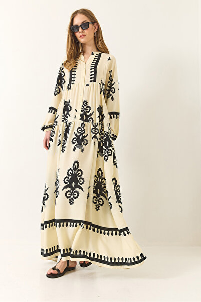 Bianco Lucci Γυναικείο φόρεμα με λαιμόκοψη V με λεπτομέρεια με λεπτομέρεια καλοκαιρινό φαρδύ μακρύ φόρεμα βισκόζης 2423 60283228