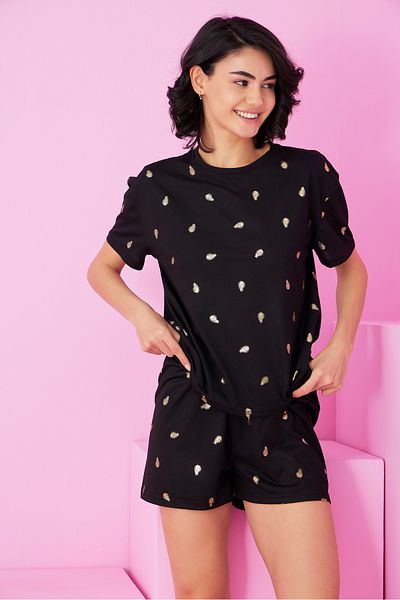 Siyah İnci Black Leaf Foil Printed Knitted Shorts Set7847