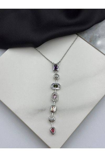 Lumiera Silver Colorful Zircon Stone Melis Göral Design Y Necklace Stylish Steel Necklace