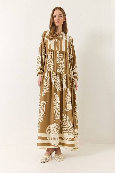 Bianco Lucci Women's V-Neck Button Detailed Patterned Summer Loose Long Viscose Dress 2423 60283228
