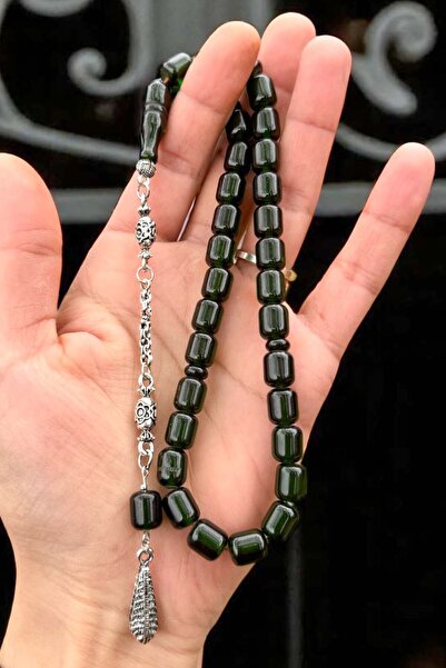 Atolyezone Sertifikalı Usta Işçilikli Sıkma Gümüş Kaplama Zümrüt Yeşil Ateş Kehribar Tesbih