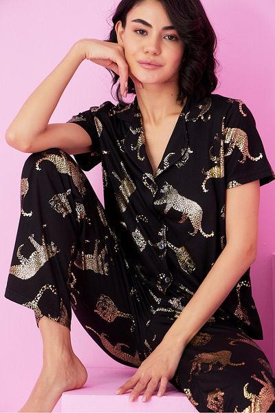 Siyah İnci black tiger Foil Printed Knitted Button Pajama Set7846