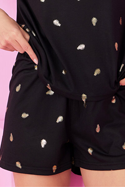 Siyah İnci siyah yaprak Varak Baskılı Örme Şort Takım7847