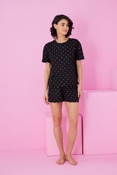 Siyah İnci Black Heart Foil Printed Knitted Shorts Set7847