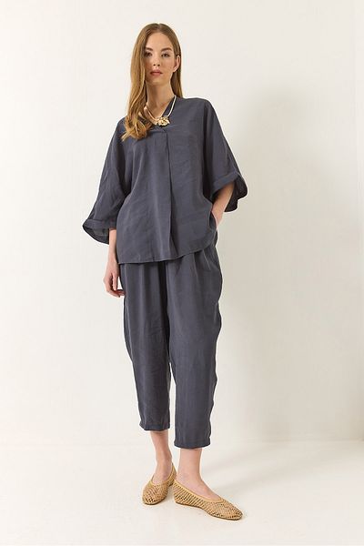 Bianco Lucci Women's V Neck Bat Sleeve Blouse Elastic Waist Pants Modal Set 60283237