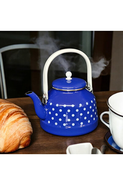 Zarif İnci Mavi Puantiyeli Çaydanlık 3,5 Litre Emaye Çaydanlık Çinko Bitki Çayı Demliği