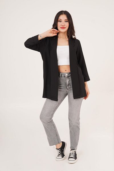 Hipo Trend Black Summer Blazer Jacket with Sleeve Fold Stitching Detail