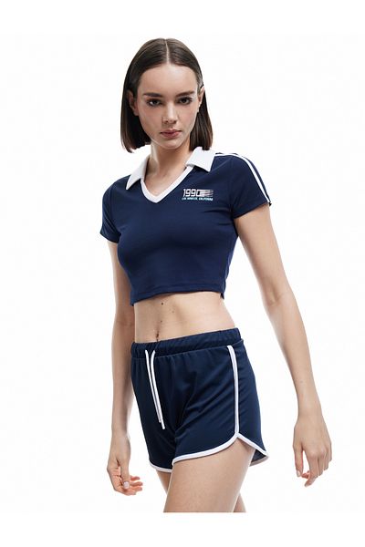 Koton Polo Neck Short Sleeve Slim Fit Striped Printed Crop Sports T-Shirt