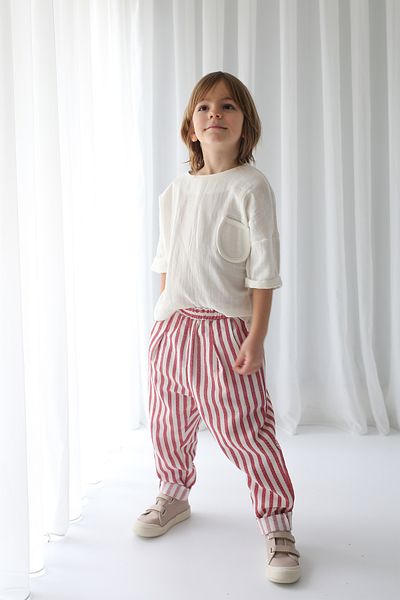 Catz Kids Red and White Striped Linen Carrot Pants + White Muslin Pocket Detailed Shirt