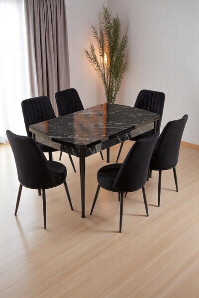 MYMASSA Trend Bendir Masa - 6 Gold Sandalye - Metal Siyah Ayak - Masa Takımı ...