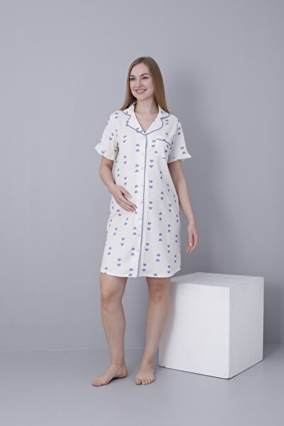 Miss Dünya Lissa Cămașă Guler Față Mânecă cu nasturi Volană Detaliată Tesatura Tesatura Maternitate și Maternitate Cămașă de noapte