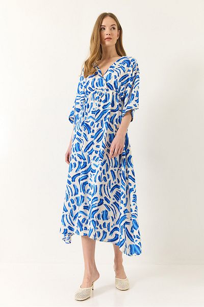 Bianco Lucci Women's Wrap Collar Elastic Waist Patterned Summer Viscose Dress 60283225