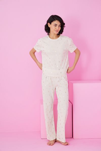 Siyah İnci Ecru Pineapple Foil Printed Knitted Pajama Suit7845