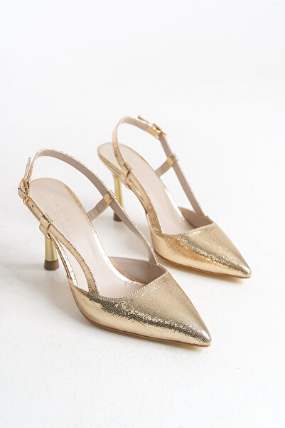 Shoesers Kadın Özel Parlak Metalik Tasarım Stiletto Bilekten Bağlamalı Sivri Burun Klasik Topuklu Ayakkabı