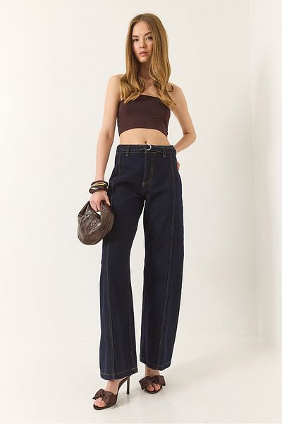 Bianco Lucci Women's Wide Leg High Waist Wide Leg Belt Denim Trousers 774 60283212