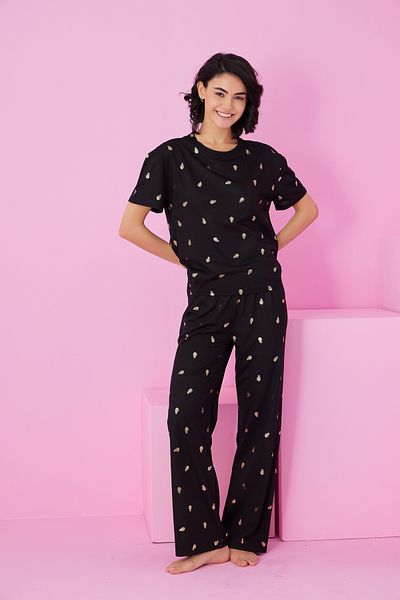 Siyah İnci Black Leaf Foil Printed Knitted Pajama Suit7845