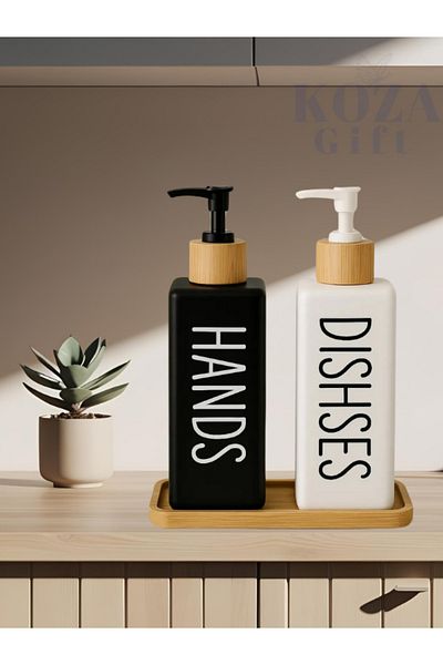 keyfisepet en keyifli sepet Set of 2 Rectangular Porcelain Soap Dishes Black White 500 ml with Wooden Stand Pump