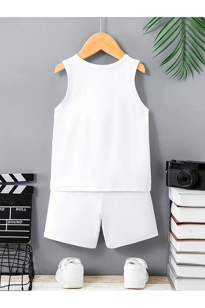 vinraus Girl\Boy's White Ny Printed Shorts-Singlet Set