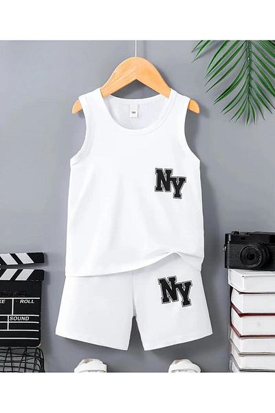 vinraus Girl\Boy's White Ny Printed Shorts-Singlet Set